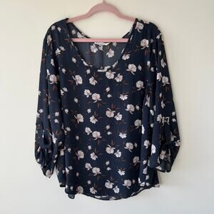 Lush Womens Navy Blue Floral Semi Sheer Button Back Blouse Size 2X Boho Feminine